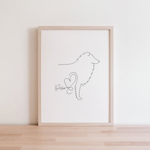 Personalised Rough Collie Digital Portrait | Rough Collie Line Art Drawing | Rough Collie Silhouette With Name | Rough Collie Puppy Gift