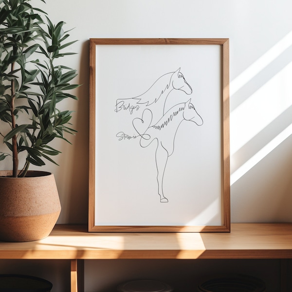 Impression numérique personnalisée 2 chevaux ensemble | Dessin minimaliste d’art de ligne de 2 chevaux | Cadeau commémoratif de cheval | Contour de silhouette de cheval | Amoureux des chevaux