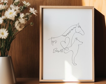Custom Horse And Dog Together Digital Portrait | Horse and Dog Line Art Drawing | Minimalist Horse and Dog Outline Gift | Horse And Cat Gift