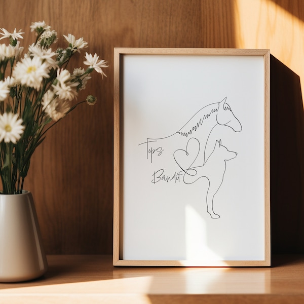 Personalisiertes Pferd und Hund zusammen Digital Portrait | Pferd und Hund Line Art Zeichnung | Minimalistisches Pferd und Hund Umriss Geschenk | Pferd und Katze Geschenk