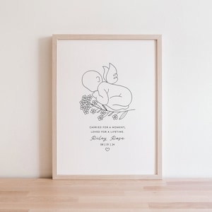 Pode incluir: Um desenho a preto e branco de um bebé com asas a dormir numa flor. O texto abaixo diz "CARRIED FOR A MOMENT, LOVED FOR A LIFETIME. Riley Rose 08 | 01 | 24 ♡".
