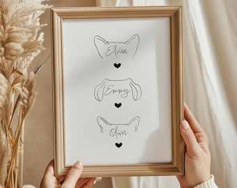 Custom 3 Dog Ear Line Art Portrait From Photo | Triple Dog Ears Outline | Minimalist Pet Tattoo Design | Dog Lover Gift