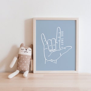 Cyfrowy wydruk I Love You ASL | Dekoracja artystyczna dłoni I Love You | Grafika liniowa języka migowego miłości | Wydruk dekoracji pokoju dziecięcego | Plakat z napisem Love Sign