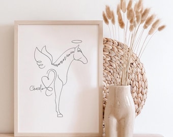 Personalisierte Pferdeportrait | Line Art Pferd Engel | Pferdeverlust Geschenk (Digitaler Download)