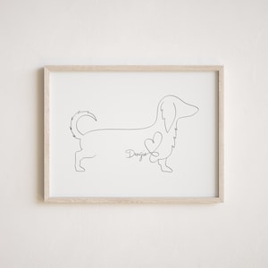 Personalised Long Hair Dachshund/Sausage Dog Digital Print | Sausage Dog | Minimalist Dachshund Line Art Drawing | Dachshund Memorial Gift