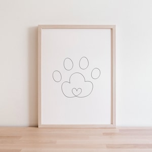 Minimalist Cat Paw Digital Print | Paw Print Line Art Drawing | Kitten Paw Outline | Paw Print Love Heart | Cat Paw Wall Art | Nursery Paw