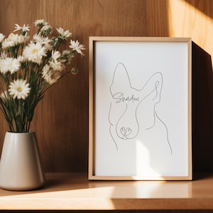 Personalised German Shepherd Face Digital Portrait | Minimalist German Shepherd Line Art Drawing | German Shepherd Face Outline With Name