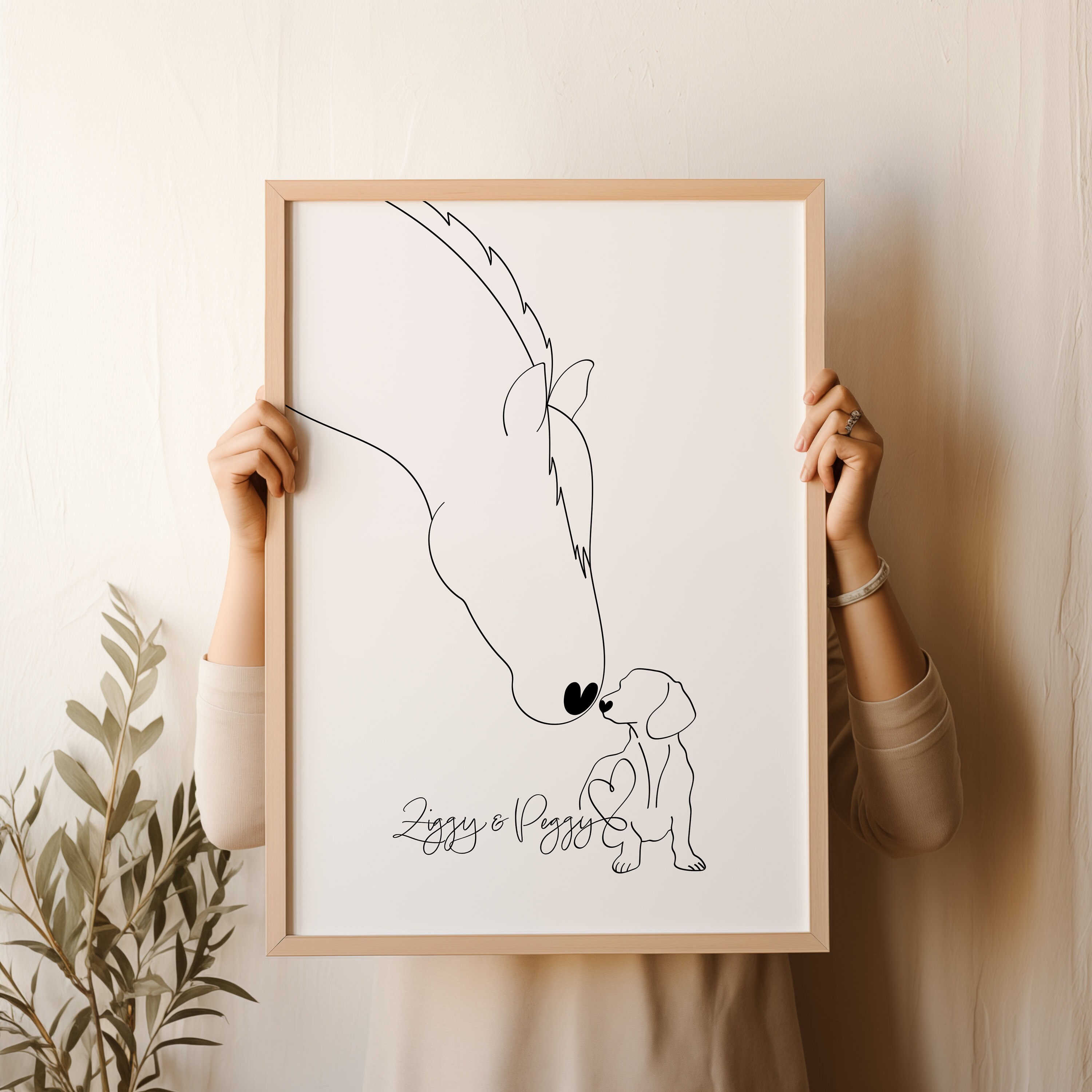 Personalised Horse and Dachshund Digital Line Art Drawing | Horse and Sausage Dog Together Portrait |Minimalist Horse and Doxie Outline Gift
