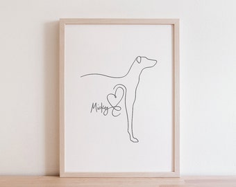 Personalised Greyhound Dog Digital Portrait | Greyhound Silhouette | Minimalist Greyhound Line Art Drawing | Greyhound Puppy Gift With Name