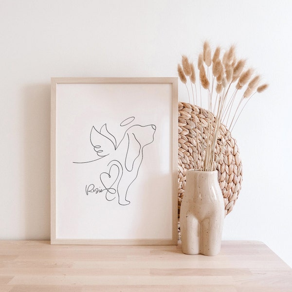 Personalised Basset Hound with Halo and Angel Wings Digital Portrait | Minimalist Basset Hound Line Art Drawing | Basset Hound Memorial Gift