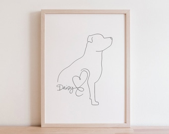 Personalised Staffordshire Bull Terrier Digital Print | Minimalist Staffy Line Art Drawing | Staffy Silhouette Portrait  | Staffy Puppy Gift