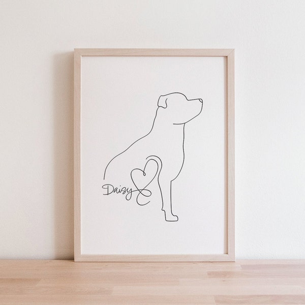 Impression numérique personnalisée du Staffordshire Bull Terrier | Dessin au trait Staffy minimaliste | Portrait silhouette staffy | Cadeau pour chiot