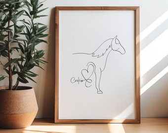Personalised Pet Pony Digital Portrait | Minimalist Shetland Pony Line Art Drawing | Pony Silhouette Outline With Name | Pony Memorial Gift