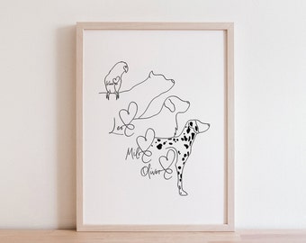 Personalised 4 Pet Digital Portrait | 4 Dogs Together Line Art | Minimalist 4 Dogs Outline | 2 Dogs 2 Cats Drawing | Multiple Pet Owner Gift