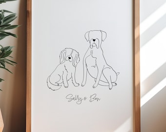 Custom 2 Pet Line Art Portrait | Two Dogs Drawing From Photo | Dog & Cat Outline | Digital Download