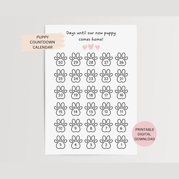 Countdown To New Puppy Calendar | Digital Download Puppy Calendar | Printable Kids Countdown Calendar | Days Until New Puppy Comes Home