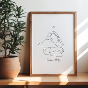 Aangepast digitaal portret eigenaar en hond van foto | Dame en hond | Cadeau voor haar | Gepersonaliseerd hondencadeau | Minimalistische hondenlijntekening