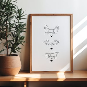 Custom Drawn 3 Pet Ear Outline Digital Portrait | Dog Ears | Cat Ears | 3 Dogs Together | 3 Dog Gift | Dog Ear Line Art Tattoo Design