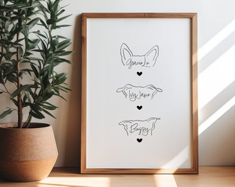 Custom Drawn 3 Pet Ear Outline Digital Portrait | Dog Ears | Cat Ears | 3 Dogs Together | 3 Dog Gift | Dog Ear Line Art Tattoo Design