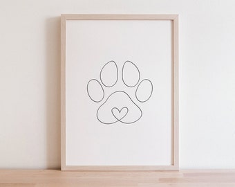 Minimalist Dog Paw Digital Print | Paw Line Art Drawing | Paw PNG Outline | Paw Love Heart | Dog Paw Wall Art Poster | Nursery Puppy Paw