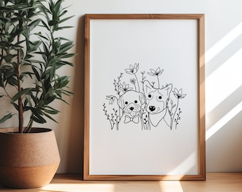 Custom 2 Pet Drawing From Photo | 2 Dogs Sketch From Photo | Cat and Dog Portrait | Custom 2 Pet Drawing Amongst Wildflowers | Puppy Gift