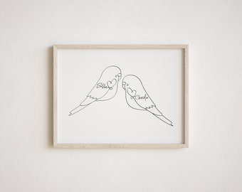 Personalised 2 Budgerigar's Black White Digital Print | Minimalist Budgie Line Art Drawing | 2 Budgie Portrait | 2 Pet Budgie Birds Outline