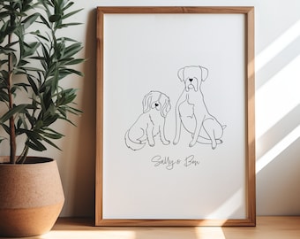 Personalised 2 Pets Digital Portrait | 2 Dogs Together Line Drawing | Cat and Dog Art | Multiple Pet Owner Gift | 2 Dogs Silhouette Outline