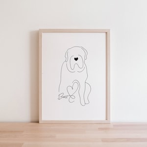 Personalised English Mastiff Dog Digital Portrait | Mastiff Puppy Outline | Mastiff Silhouette Line Drawing |Mastiff With Name Memorial Gift