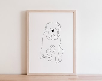 Portrait numérique personnalisé de chien Mastiff anglais | Aperçu du chiot Mastiff | Mastiff Silhouette dessin au trait | Mastiff avec nom cadeau commémoratif