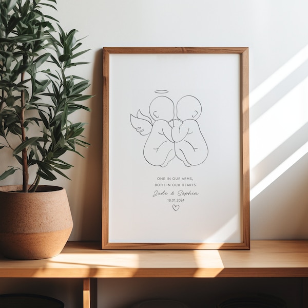 Personalised Twin Babies Portrait Digital Print | 1 Twin Loss Miscarriage Outline | Loss Of A Twin Drawing |Twin Pregnancy Loss Announcement