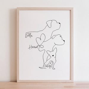 Spersonalizowany portret z trzema zwierzętami | Rysunek trzech psów razem | Minimalistyczny prezent na ścianę z wizerunkiem psa