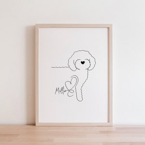 Gepersonaliseerde cavoodle digitaal portret | Cavoodle-puppy met naamcadeau | Minimalistische cavoodle-lijntekening | Cavoodle-silhouet hartneus