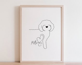 Portrait numérique personnalisé au Cavoodle | Chiot Cavoodle avec prénom | Dessin au trait minimaliste Cavoodle | Cavoodle Silhouette coeur nez