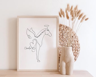 Personalised Horse Halo and Angel Wings Digital Print | Minimalist Horse Line Art Drawing | Horse Memorial Gift | Pet Horse Loss Bereavement