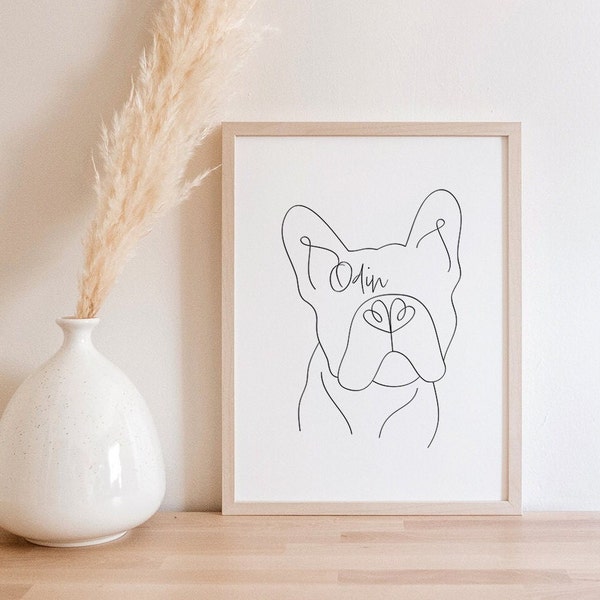 Impression numérique personnalisée de visage de bouledogue français | Dessin au trait Frenchie minimaliste | Contour de visage de bouledogue français avec nom