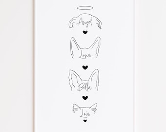 Custom 4 Pet Ear Outline Portrait | Dog & Cat Ears Line Art | Four Pets Together | Personalised Pet Gift