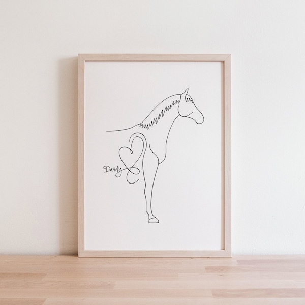 Impression numérique personnalisée de portrait de cheval | Dessin minimaliste au trait cheval | Contour de cheval avec coeur | Cheval avec nom | Cadeau pour amoureux des chevaux
