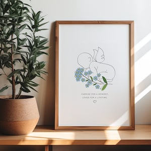 Impresión digital de arte lineal de bebé ángel con flores de nomeolvides / Dibujo de aborto espontáneo de niño muerto / Flores de pérdida de bebé / Anuncio de pérdida de embarazo