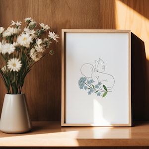 天使の赤ちゃんとワスレナグサの花の線画デジタルプリント | 流産死産の絵 | 赤ちゃんの死を告げる花 | 妊娠喪失のお知らせ