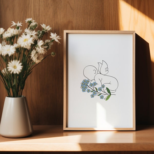 Angel Baby With Forget Me Not Flowers Line Art Digital Print | Miscarriage Stillborn Drawing | Baby Loss Flowers|Pregnancy Loss Announcement