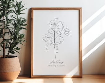 Personalised Australian Birth Month Hibbertia Flower Digital Print | Hibbertia Line Art Drawing | January Flower Hibbertia Australian Flower