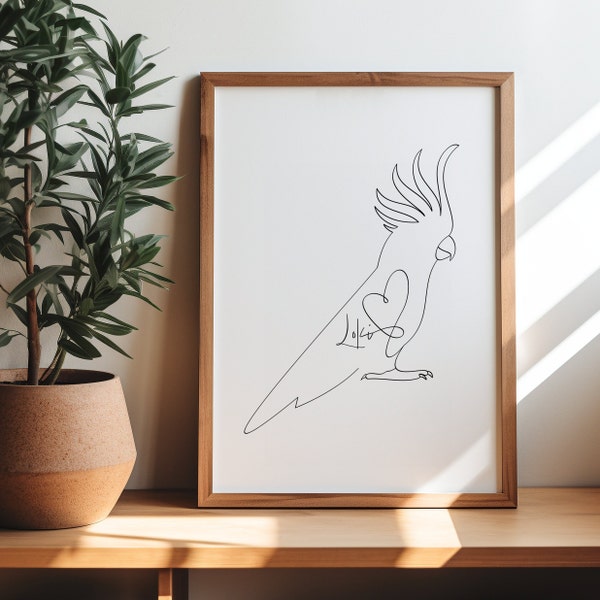 Personalised Cockatoo Bird Digital Portrait | Cockatoo Line Art Drawing | Cockatoo Silhouette Outline | Pet Cockatoo With Name Memorial Gift