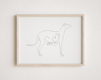 Personalisierter Windhund Digitaldruck | Minimalistische Greyhound Line Art Zeichnung | Windhund Portrait Geschenk | Windhund Silhouette Umriss