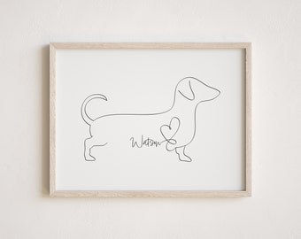 Personalised Dachshund/Sausage Dog Digital Print | Sausage Dog Outline Portrait | Minimalist Doxie Line Art Drawing |Dachshund Memorial Gift
