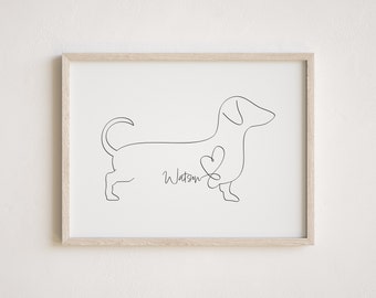 Impression numérique personnalisée teckel/chien saucisse | Portrait de chien saucisse | Dessin au trait Doxie minimaliste | Cadeau commémoratif teckel