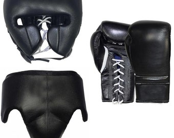 Custom Made Boxing Gloves, Groin Guard, Head Gear, Made Of Premium Quality Leather, Black Color