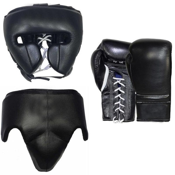 Op maat gemaakte bokshandschoenen, kruisbeschermer, hoofddeksel, gemaakt van premium kwaliteit leer, zwarte kleur