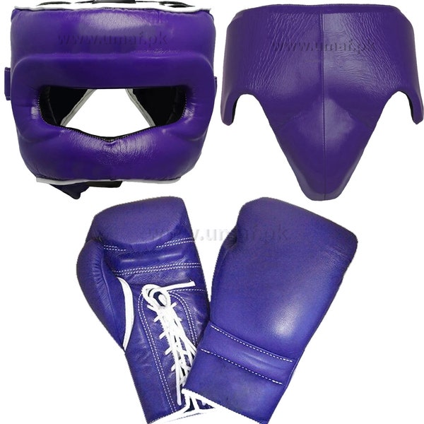 Custom Made Boxing Gloves, Groin Guard, Head Gear, Made Of Premium Quality Leather, Purple Color