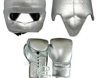 Custom Made Boxing Gloves, Groin Guard, Head Gear, Made Of Premium Quality Leather, Silver Color
