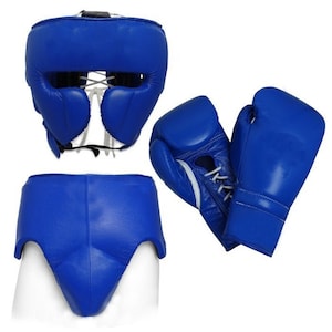 May include: Blue boxing headgear, gloves, and groin protector. The headgear has a padded front and ear protection. The gloves have white laces. The groin protector has a padded front and back.